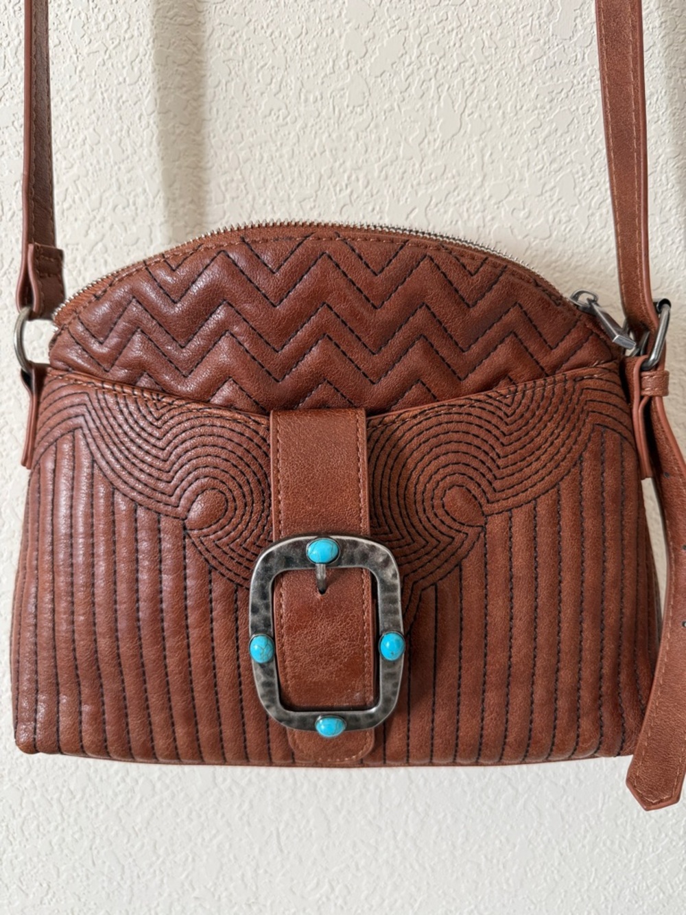 Brown Quilted Crossbody Bag with Turquoise Accent Buckle